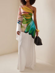 Asymmetric Flower Print Long Sleeves Loose One-shoulder Maxi Dresses