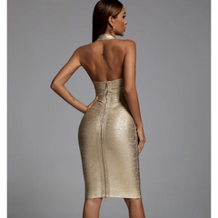 V Neck Halter Gold Bandage Two Piece Skirt Set