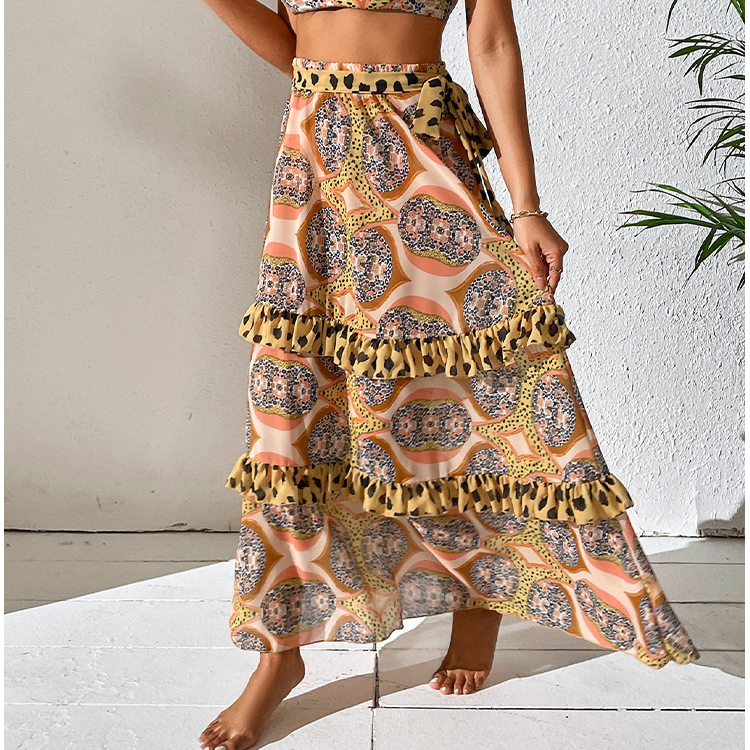 Ruffle Starp Leopard Print High Waist Bikini Swimsuit and Skirt Flaxmaker