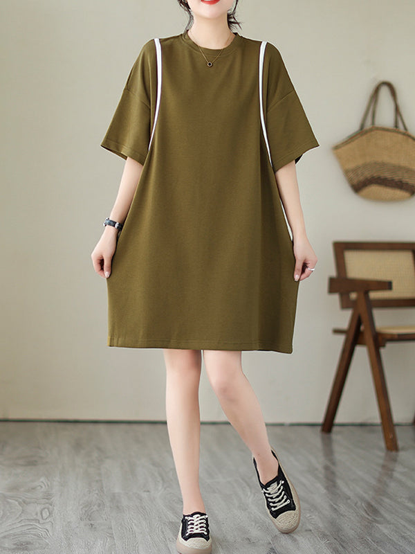 Split-Joint Loose Short Sleeves Round-Neck Mini Dresses