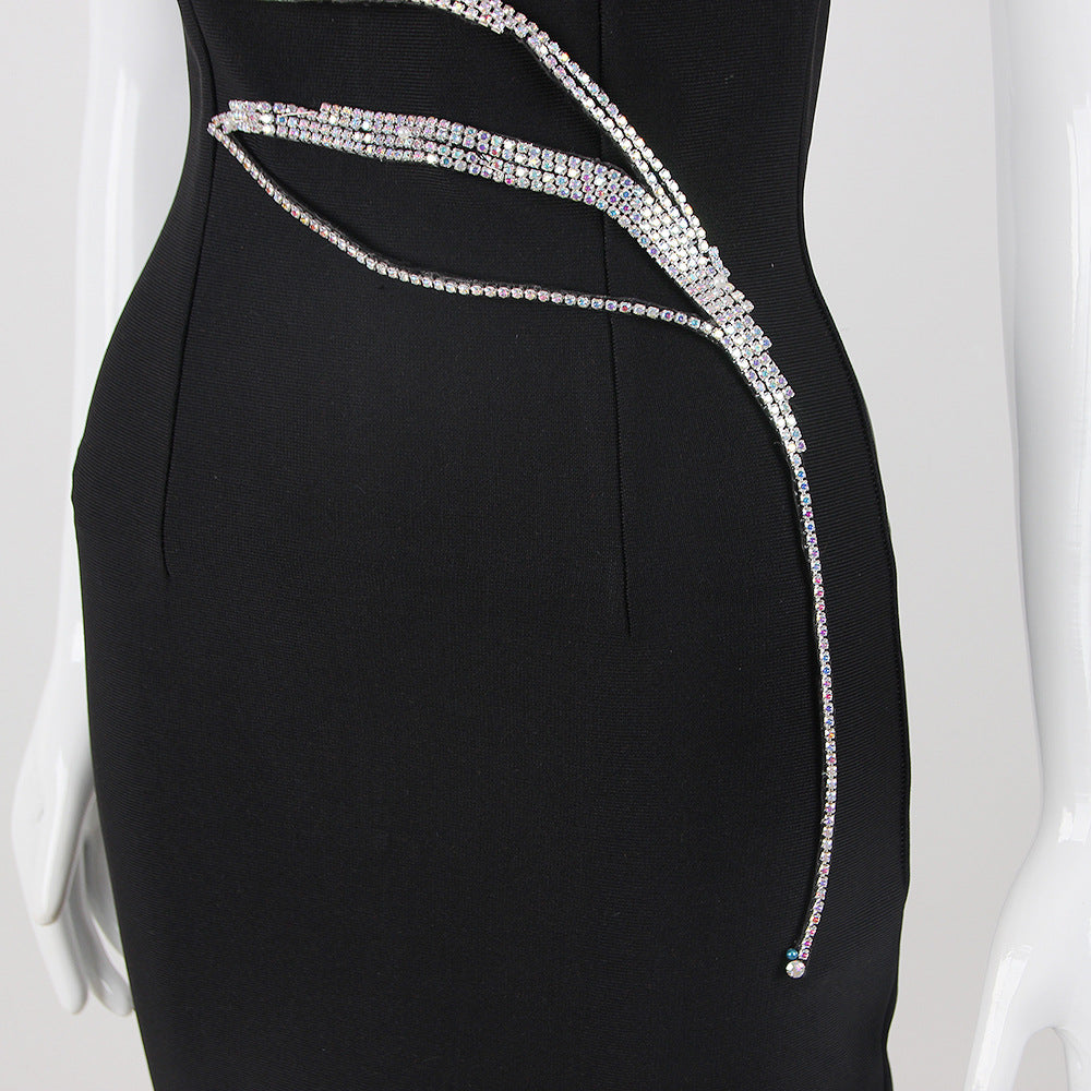 Black Sling Rhinestone Decor Mini Dress