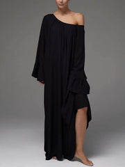 Pleated Solid Color Split-Joint A-Line Flared Sleeves Round-Neck Maxi Dresses