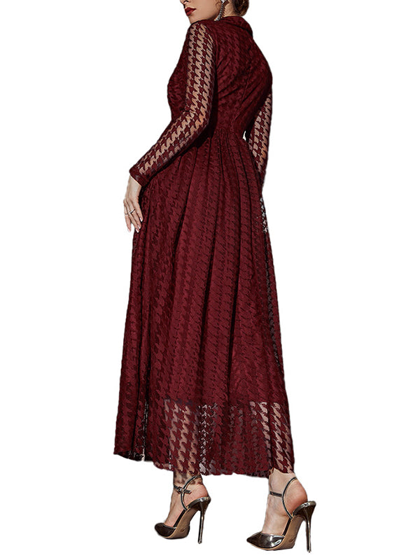 Buttoned Gauze See-Through Solid Color High Waisted Long Sleeves V-Neck Maxi Dresses
