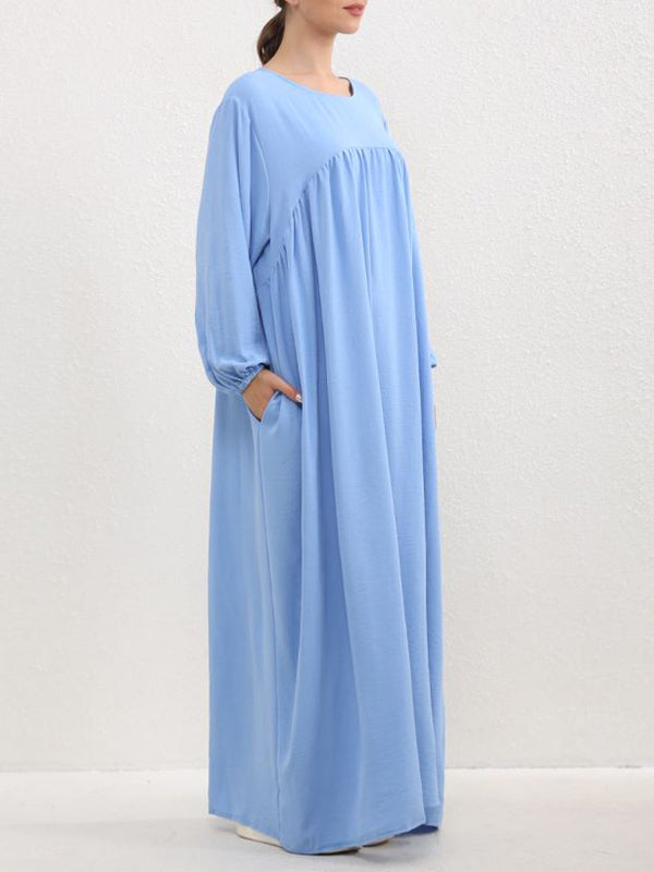 Pleated Solid Color Split-Joint Long Sleeves Loose Round-Neck Maxi Dresses