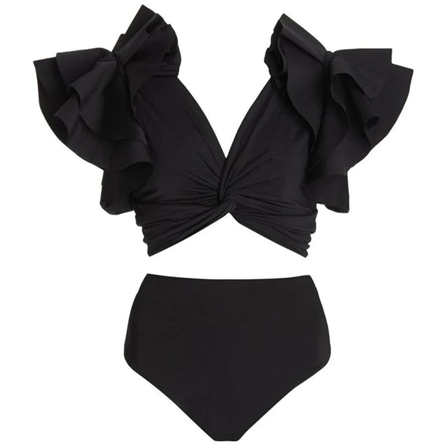 Flaxmaker Ruffle Sleeve Printed Bikini Two piece set