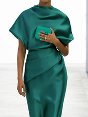 Loose Short Sleeves Pleated Solid Color Maxi Dresses