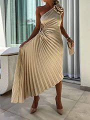Solid Color Off-The-Shoulder Sleeveless Flower Asymmetric Pleated Maxi Dresses