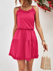 Falbala Solid Color Loose Sleeveless Spaghetti-Neck Mini Dresses