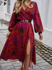 Elasticity Flower Print No Belt Split-side A-line High Waisted V-neck Maxi Dresses