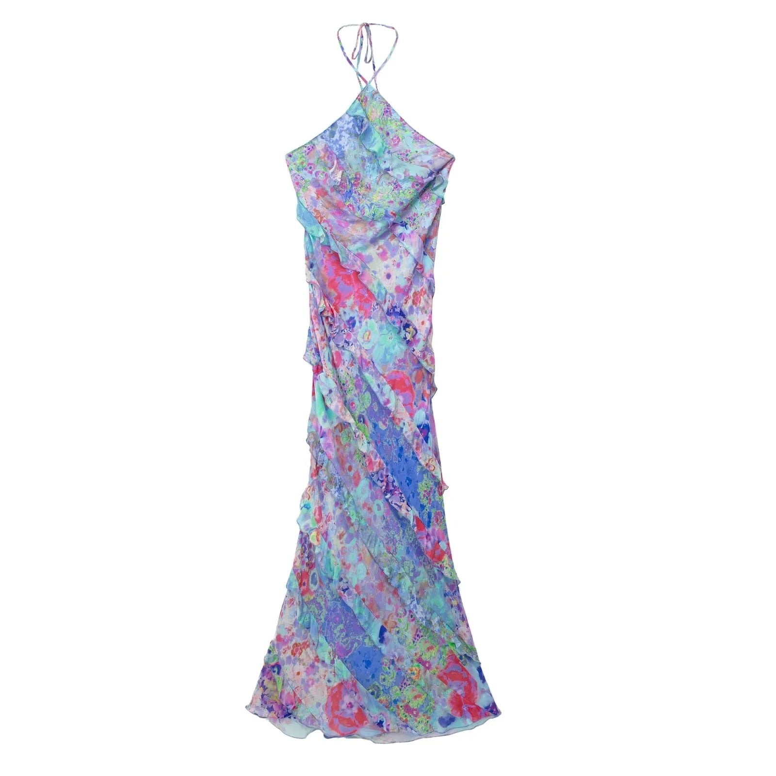 Halter Backless Ruffle Printed Dress