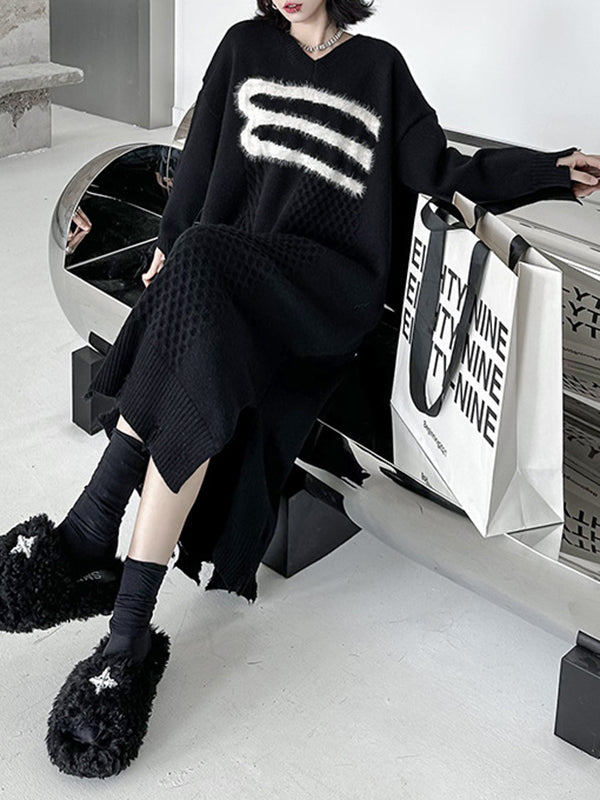 Split-Joint Split-side Long Sleeves Loose V-neck Sweater Dresses Midi Dresses