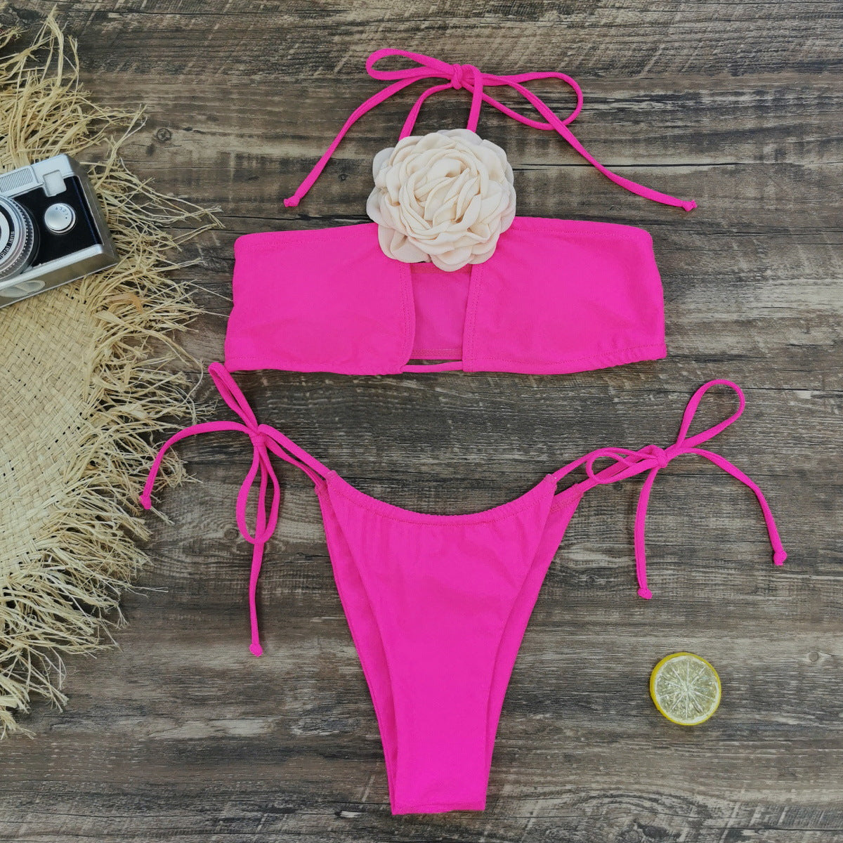 3D flower Lace up Bikini Swimsuit