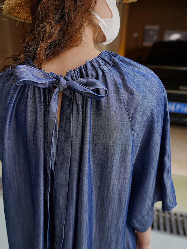 Drawstring Lace-Up Pleated Solid Color Loose Raglan Sleeve Round-Neck Midi Dresses