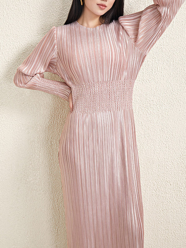 Bronzing Pleated Shiny Solid Color A-Line High Waisted Round-Neck Midi Dresses