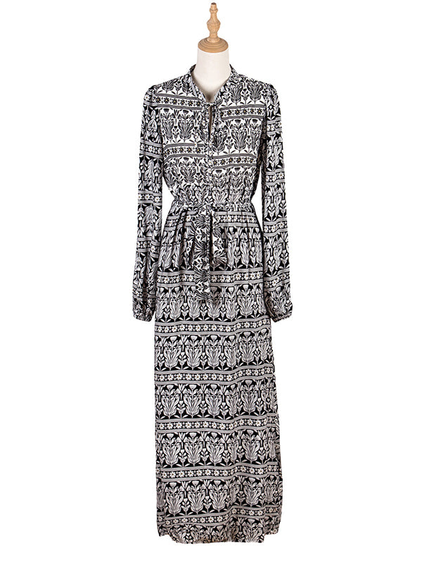 Bohemia Puff Sleeves Lace-Up V-Neck Dress