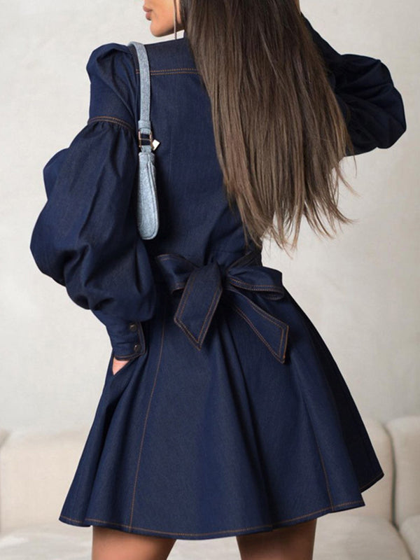 Buttoned Pleated Split-Joint Tied Waist A-Line Long Sleeves Mock Neck Mini Dresses