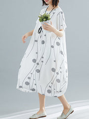 Printed Loose Short Sleeves Round-neck Midi Dresses