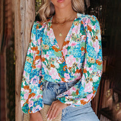 Fashion  Lantern Long Sleeve Blossom Printed Shirt
