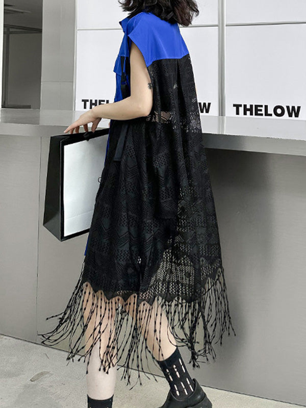 Sleeveless See-Through Split-Joint Tasseled Lapel Lace Midi Dresses