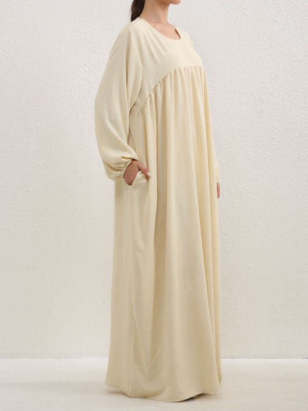 Pleated Solid Color Split-Joint Long Sleeves Loose Round-Neck Maxi Dresses