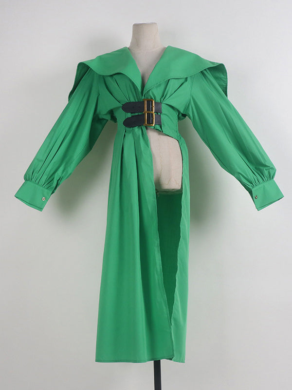 Asymmetric Belted Pleated Solid Color High Waisted Long Sleeves Lapel Midi Dresses