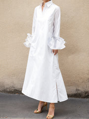 Buttoned Solid Color Split-Joint Split-side A-line Flared Sleeves Lapel Maxi Dresses