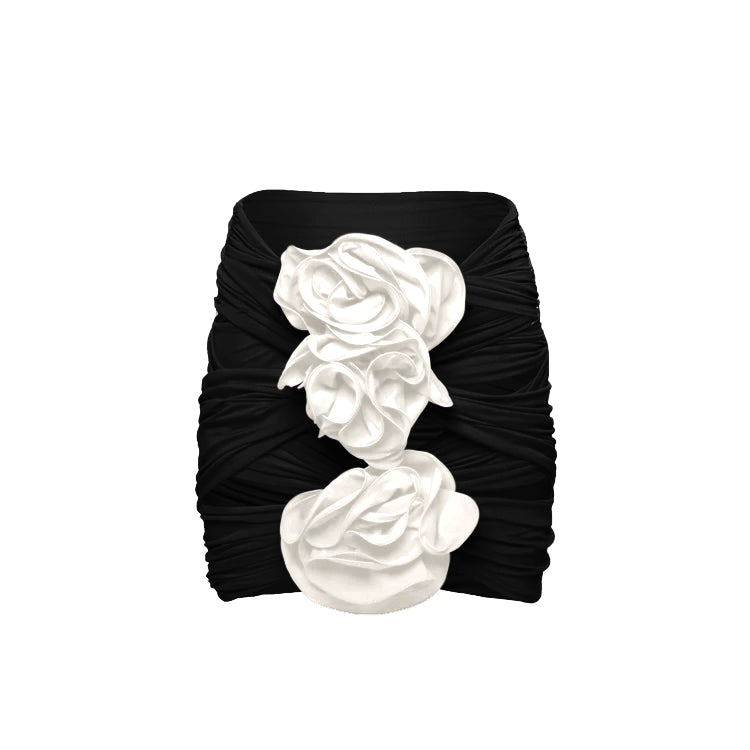 Flaxmaker Black Off Shoulder 3D Flower Long Sleeve One Piece Swimsuit and Skirt