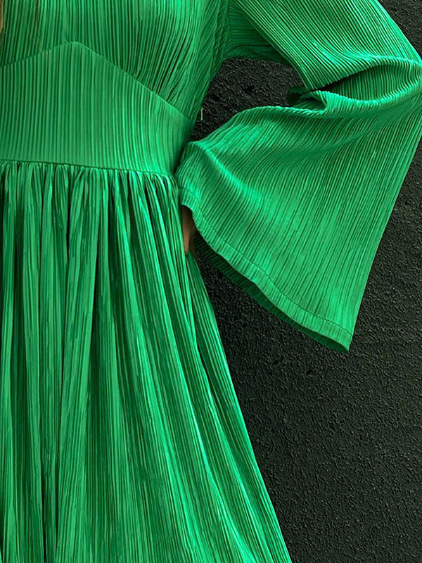 High-Waisted Pleated Solid Color Zipper A-line Flared Sleeves Round-neck Mini Dresses