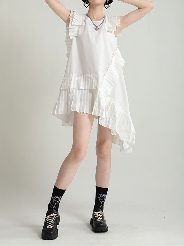Asymmetric Pleated Solid Color Split-Joint Flying Sleeves Loose Round-Neck Midi Dresses
