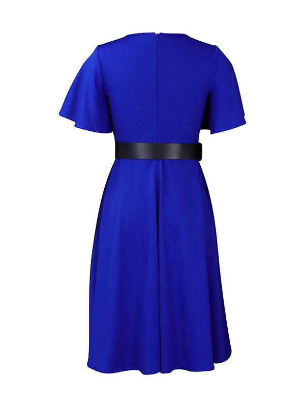 Belted Solid Color Irregular clipping Plus Size Round-neck Midi Dresses