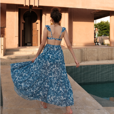 Flaxmaker Blue Dragonfly Printed Swimsuit and Skirt