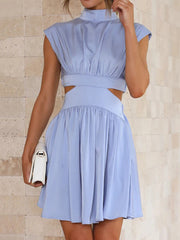 Belly-Hollow Pleated Solid Color Skinny Stand Collar Mini Dresses