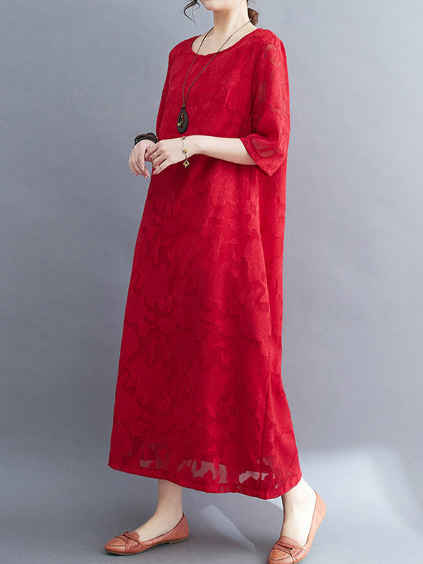 Jacquard See-Through Solid Color Loose Three-quarter Sleeves Round-neck Midi Dresses