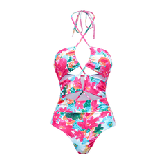 Halter Cutout Floral One Piece Swimsuit and Skirt Flaxmaker