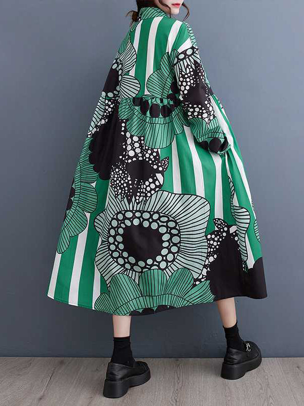 Asymmetric Buttoned Printed Split-Joint A-Line Long Sleeves Lapel Shirt Dress Midi Dresses