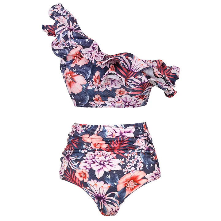 One Shoulder Ruffled White High Waist Bikini Swimsuit Flaxmaker