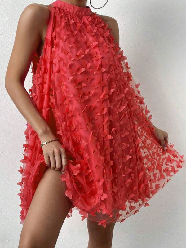 Jacquard Pleated Solid Color Split-Joint Loose Sleeveless Stand Collar Mini Dresses