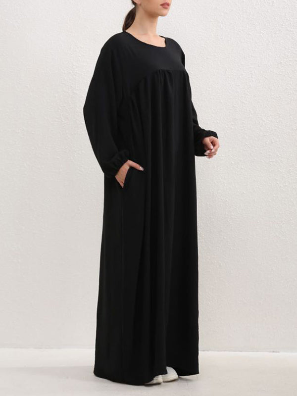 Pleated Solid Color Split-Joint Long Sleeves Loose Round-Neck Maxi Dresses