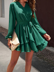 Ruffled Solid Color Tied Waist A-Line High Waisted V-Neck Mini Dresses