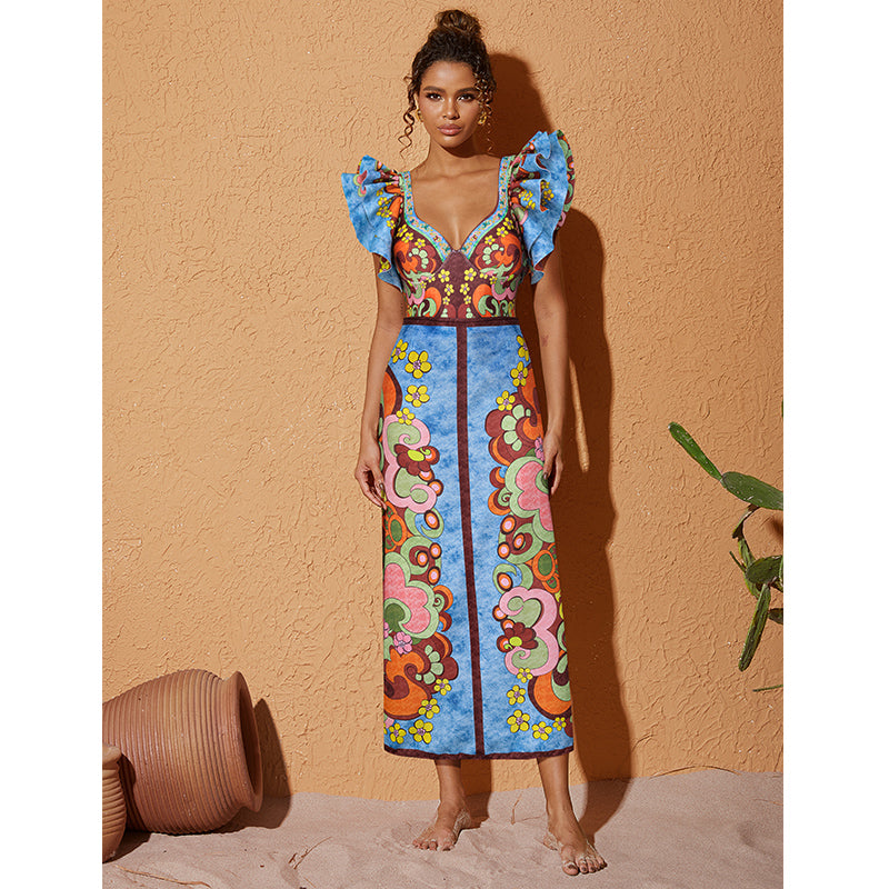 V Neck Ruffle Underwired Printed Backless One Piece Swimsuit and Skirt(Shipped on Jan 11th)
