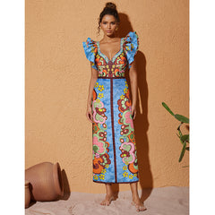 V Neck Ruffle Underwired Printed Backless One Piece Swimsuit and Skirt(Shipped on Jan 11th)