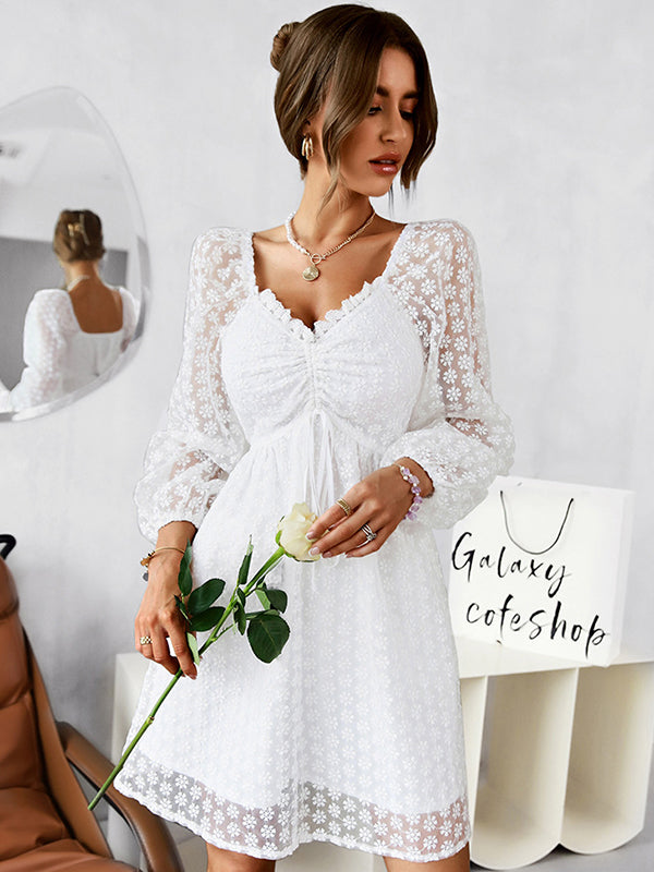 Vacation Puff Sleeves A-Line Solid V-Neck Dress