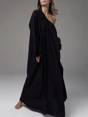 Pleated Solid Color Split-Joint A-Line Flared Sleeves Round-Neck Maxi Dresses
