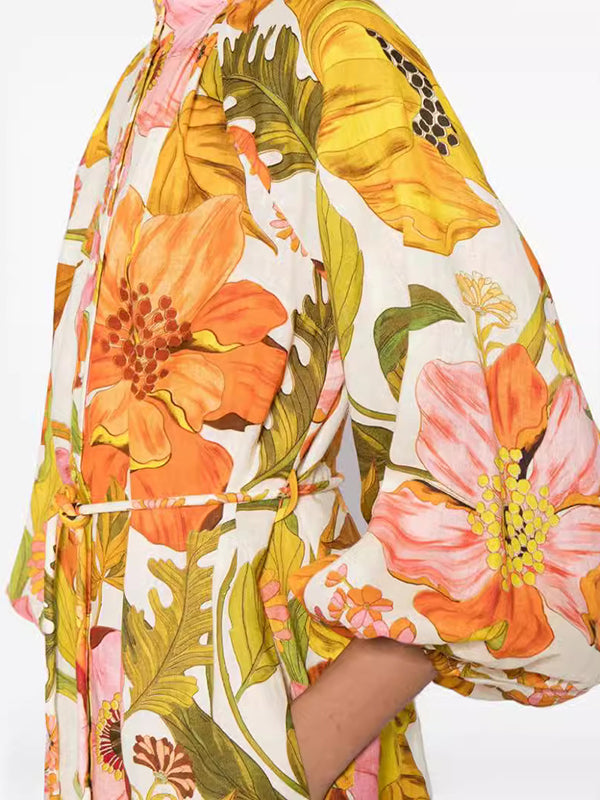 Flower Printed Three-Quarter Sleeves Elegant Midi Dresses