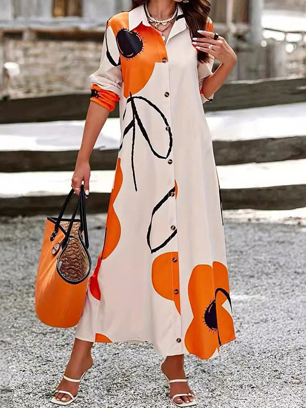 Floral Printed Split-Joint Long Sleeves Loose Lapel Shirt Dress Maxi Dresses