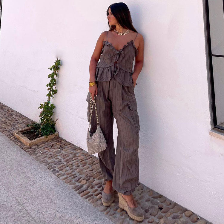 Lace Solid Color Sling Cami and Pants Set