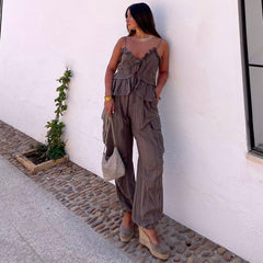 Lace Solid Color Sling Cami and Pants Set