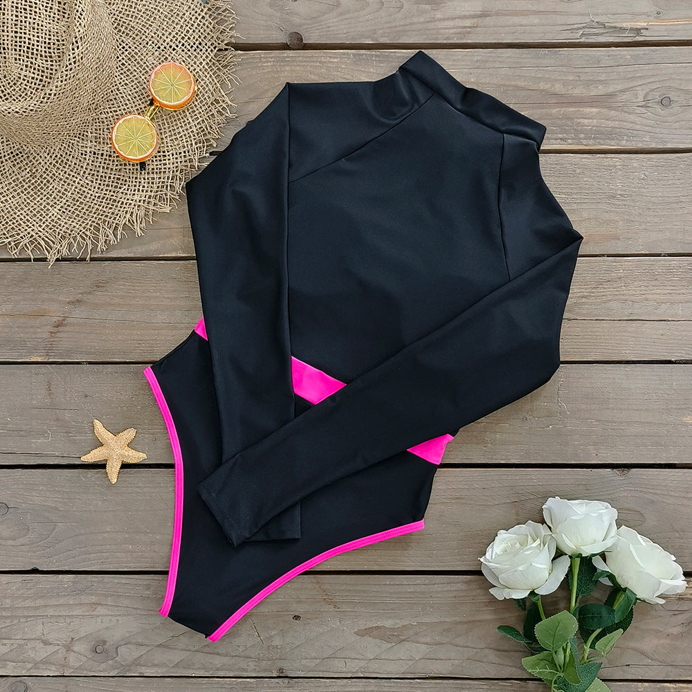 Long-sleeved Color Block One Piece Swimsuit