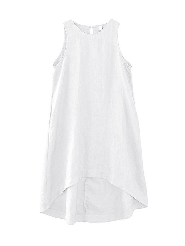 Solid Color High-Low Loose Round-Neck Midi Dresses