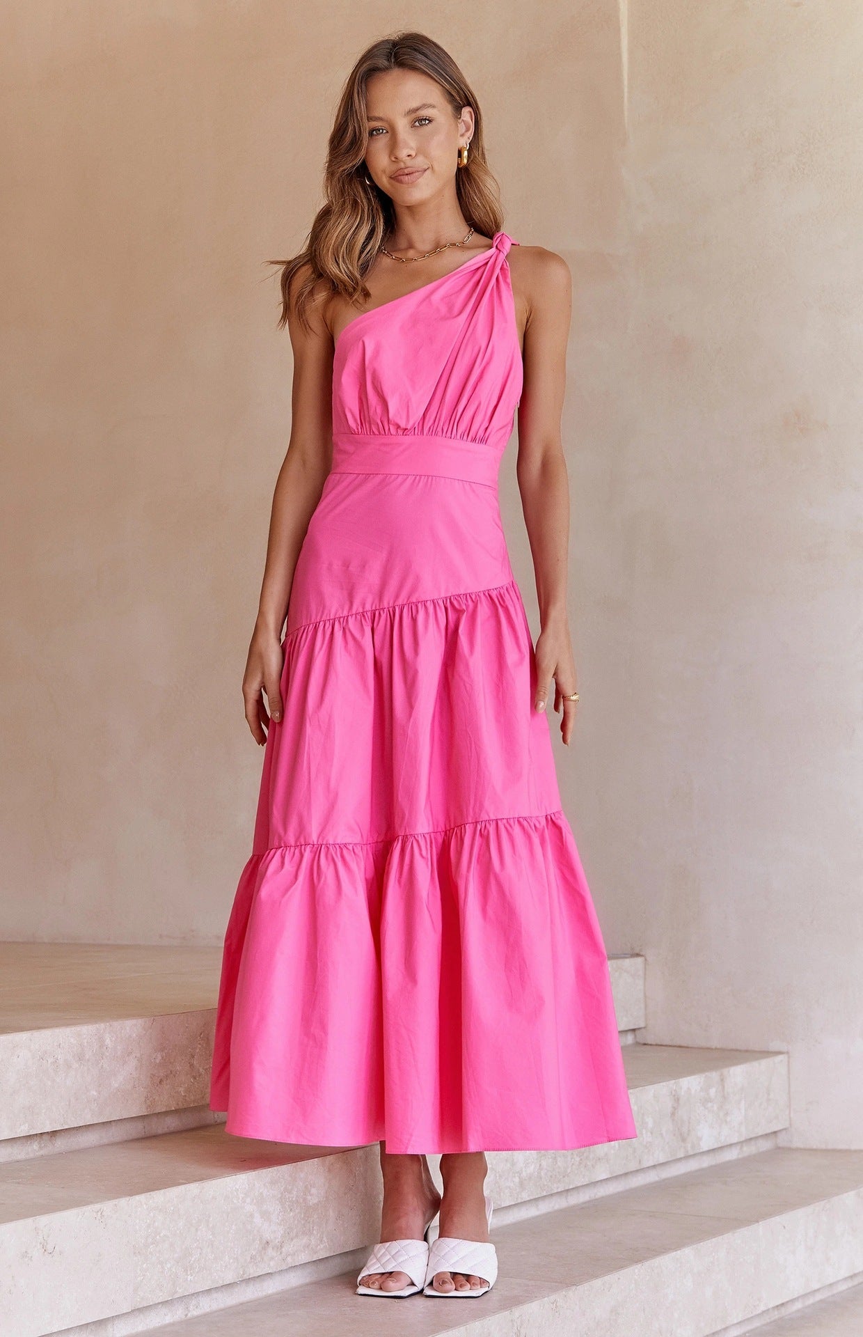 One Shoulder Solid Color Swing Dress